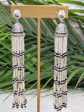 NWOT Statement Silver Beaded Fringe Tassel Earrings Fashion Earrings